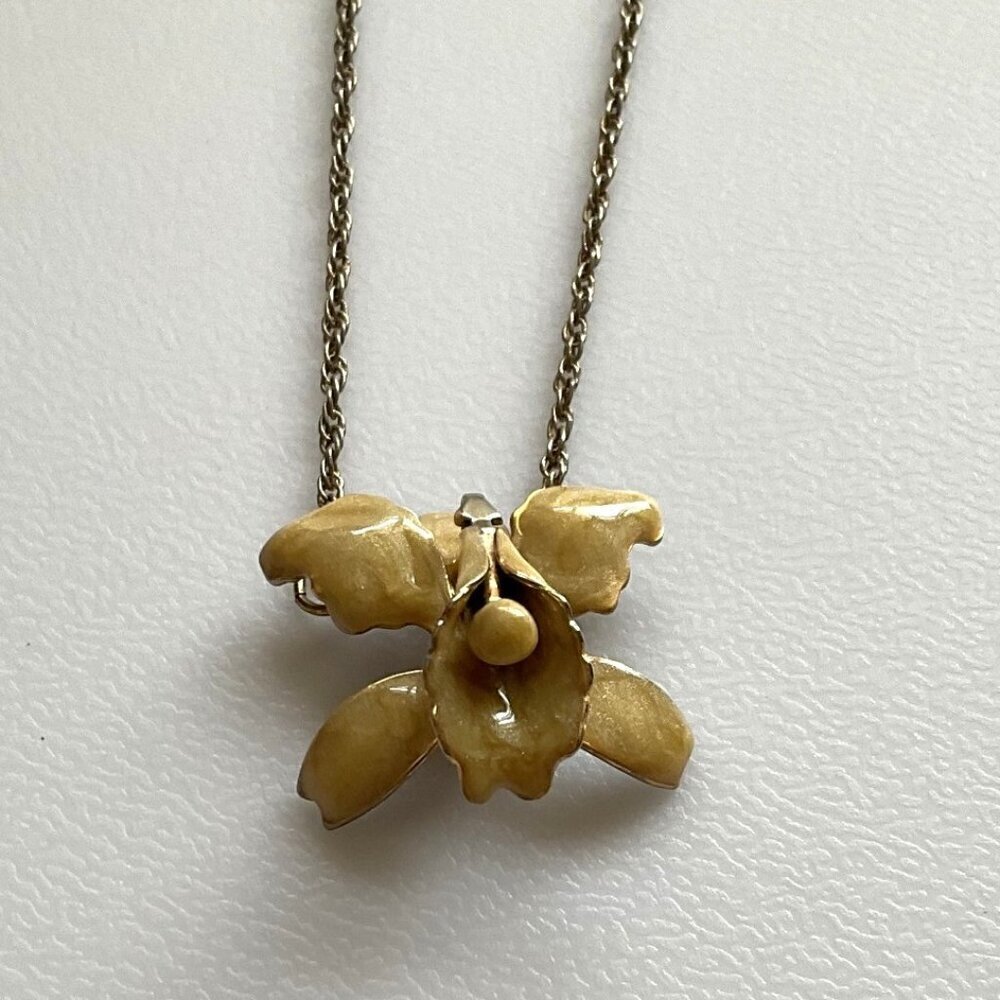 Vintage Yellow Enamel Orchid Pendant Necklace 1980s Magnetic Clasp
